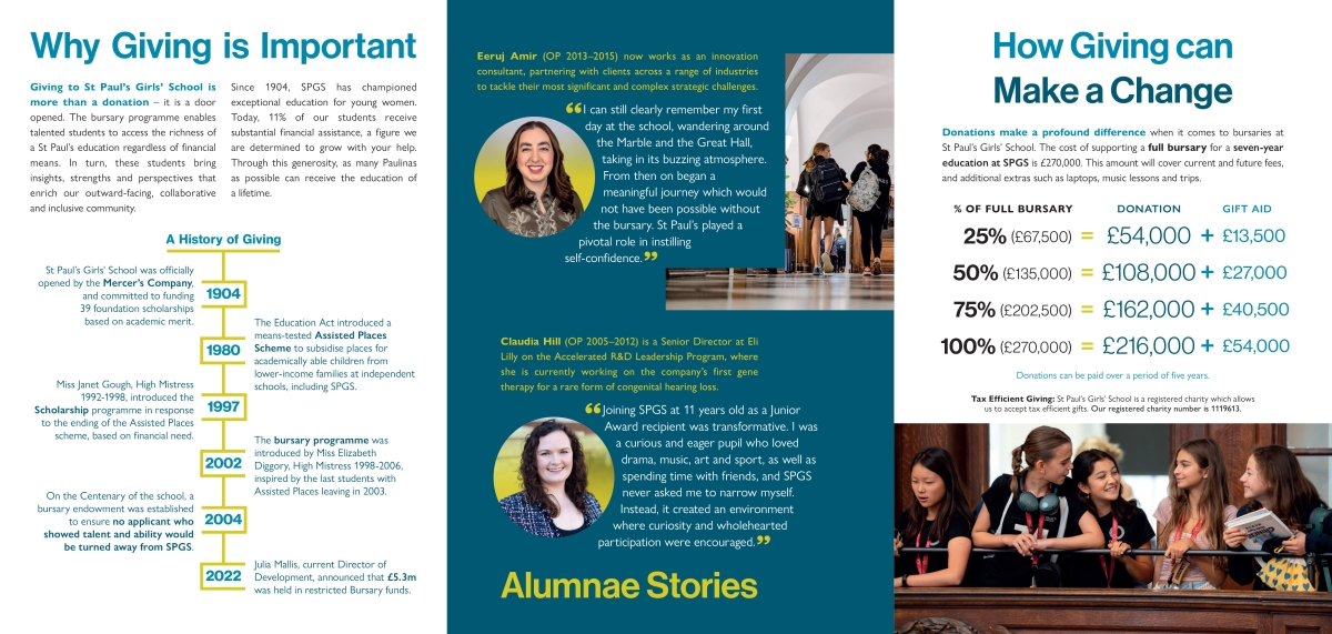 Donor brochure with timeline, quotes from bursary recipients and donor figures